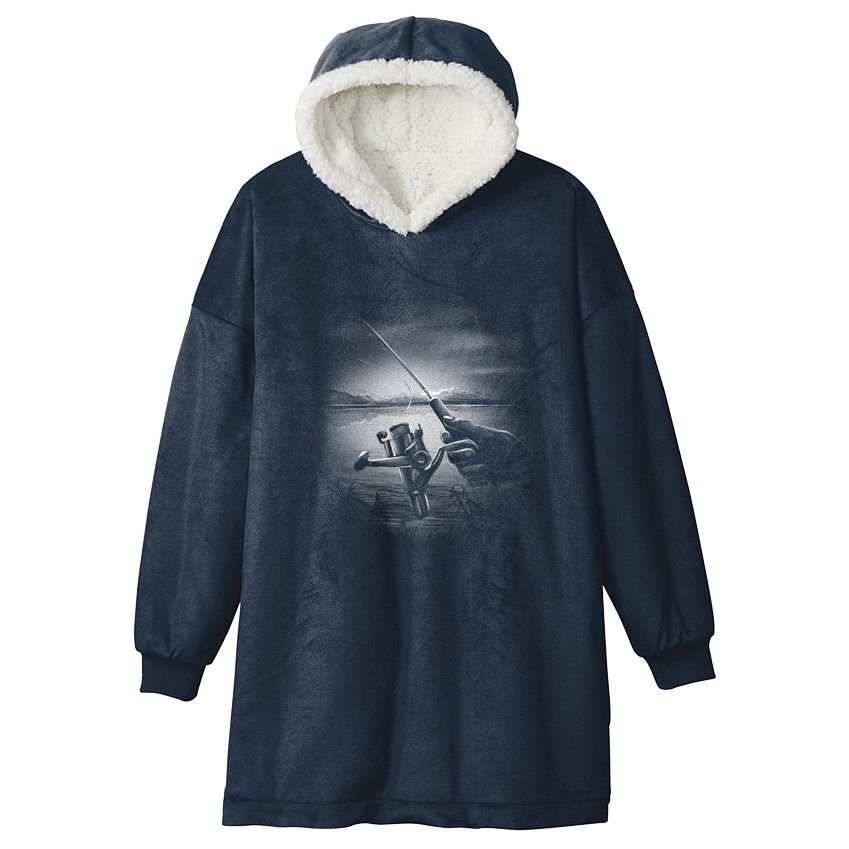 Fishing Hand With Reel Monochromatic Hooded Wearable Blanket