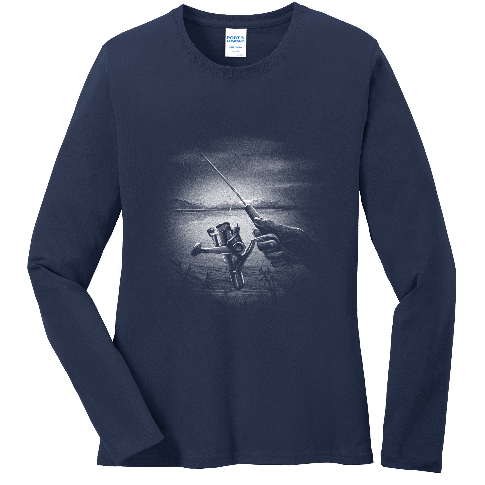 Fishing Hand With Reel Monochromatic Ladies Long Sleeve Shirt