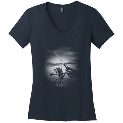 Fishing Hand With Reel Monochromatic Women's V-Neck T-Shirt