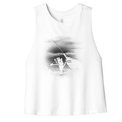 Fishing Hand With Reel Monochromatic Women's Racerback Cropped Tank