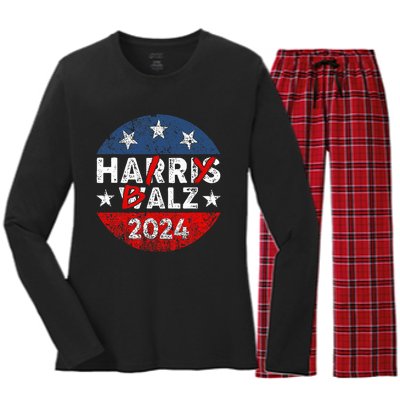 Funny Harris Walz 24 Hairy Balz 2024 Democratics Vote Women's Long Sleeve Flannel Pajama Set 