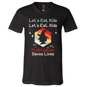 Funny Halloween Witch Lets Eat Kids Punctuation Saves Lives V-Neck T-Shirt