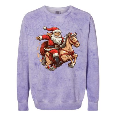 Funny Horse With Santa Claus For Christmas Holidays Colorblast Crewneck Sweatshirt