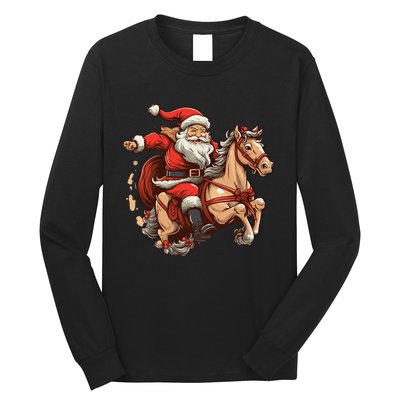 Funny Horse With Santa Claus For Christmas Holidays Long Sleeve Shirt