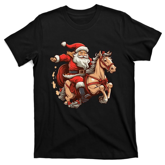 Funny Horse With Santa Claus For Christmas Holidays T-Shirt