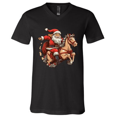 Funny Horse With Santa Claus For Christmas Holidays V-Neck T-Shirt