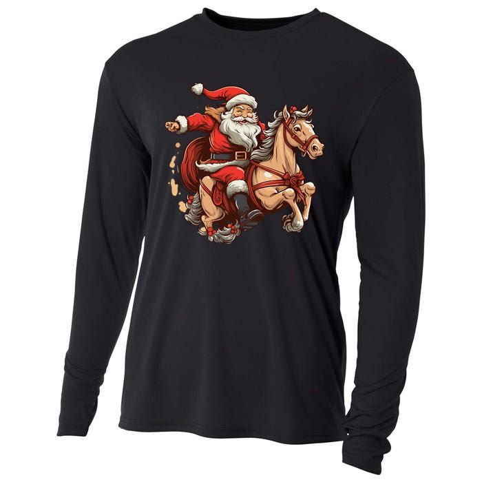 Funny Horse With Santa Claus For Christmas Holidays Cooling Performance Long Sleeve Crew