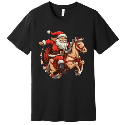 Funny Horse With Santa Claus For Christmas Holidays Premium T-Shirt