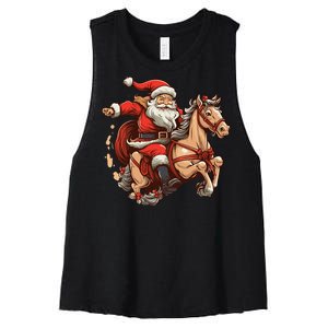 Funny Horse With Santa Claus For Christmas Holidays Women's Racerback Cropped Tank