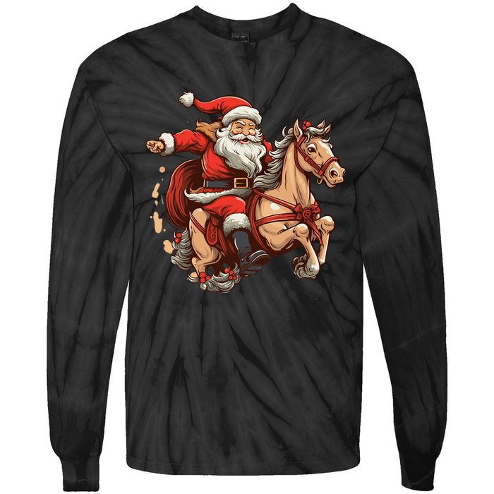 Funny Horse With Santa Claus For Christmas Holidays Tie-Dye Long Sleeve Shirt