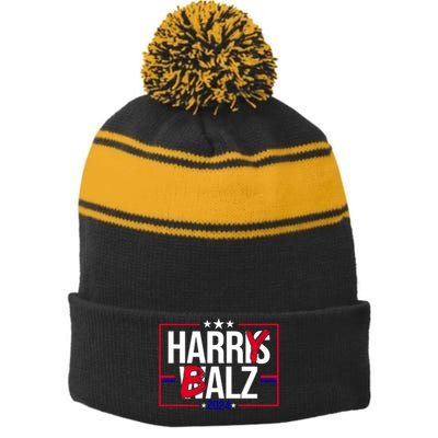 Funny Harris Walz 24 Harry Balz 2024 Political Meme Stripe Pom Pom Beanie