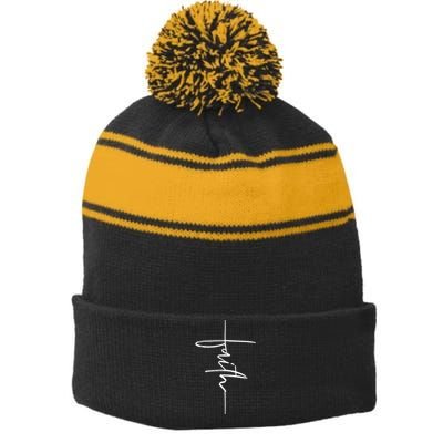 Faith Hand Written Calligraphy Christian Front And Back Print Stripe Pom Pom Beanie