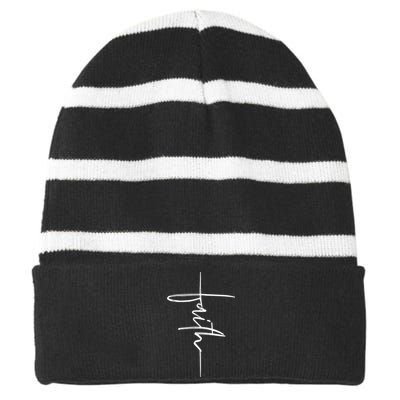 Faith Hand Written Calligraphy Christian Front And Back Print Striped Beanie with Solid Band