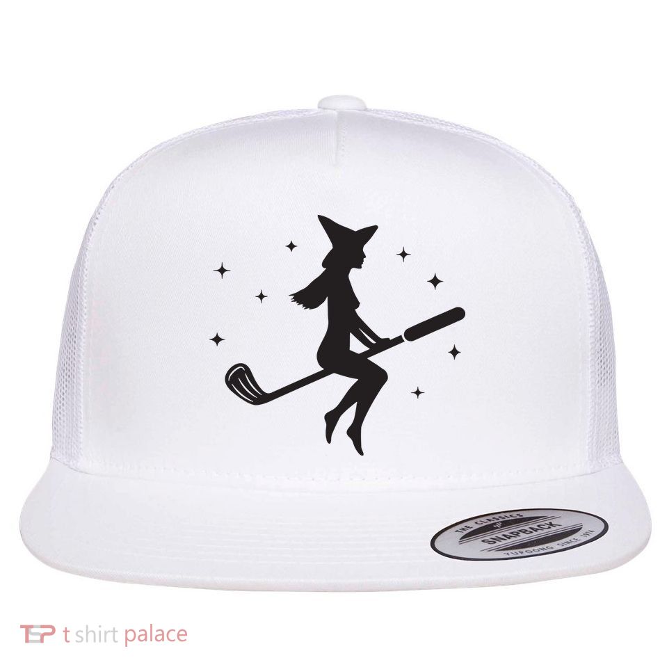 Funny Halloween Witch Golf Stick Women Golfer Golfing Vneck Flat Bill Trucker Hat
