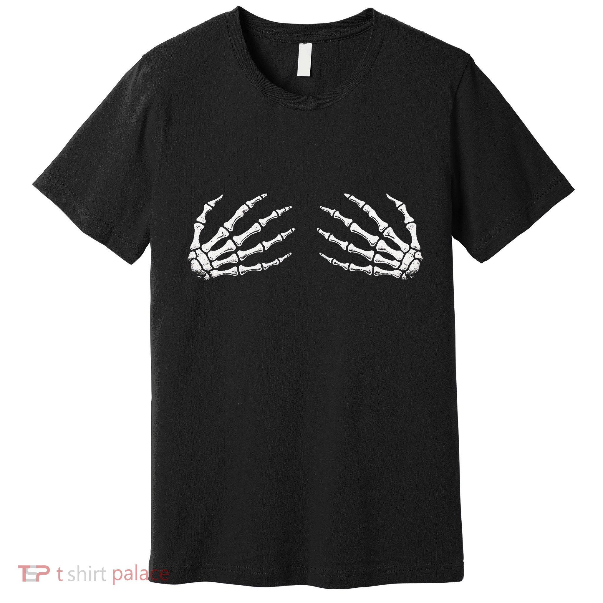 Funny Halloween Women Rock Band Boob Skeleton Hand Bra Premium T-Shirt