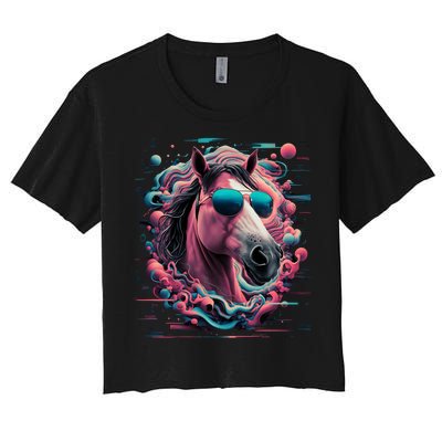 Funny Horse Wearing Sunglasses Abstract Art Tall Sweatshirt Women's Crop Top Tee