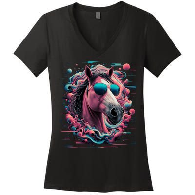 Funny Horse Wearing Sunglasses Abstract Art Tall Sweatshirt Women's V-Neck T-Shirt