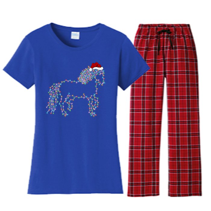 Funny Horse Xmas Lighting Santa Hat Horse Christmas Gift Women's Flannel Pajama Set