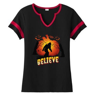 Funny Halloween Yowie Bigfoot Yeti Lover Sasquatch Believer Ladies Halftime Notch Neck Tee