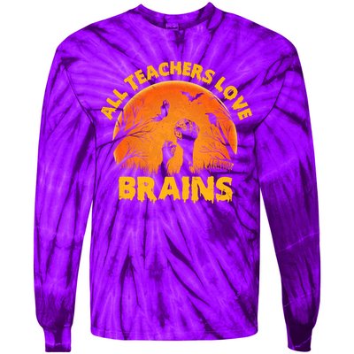 Funny Halloween Zombie All Teacher Love Brains Tie-Dye Long Sleeve Shirt