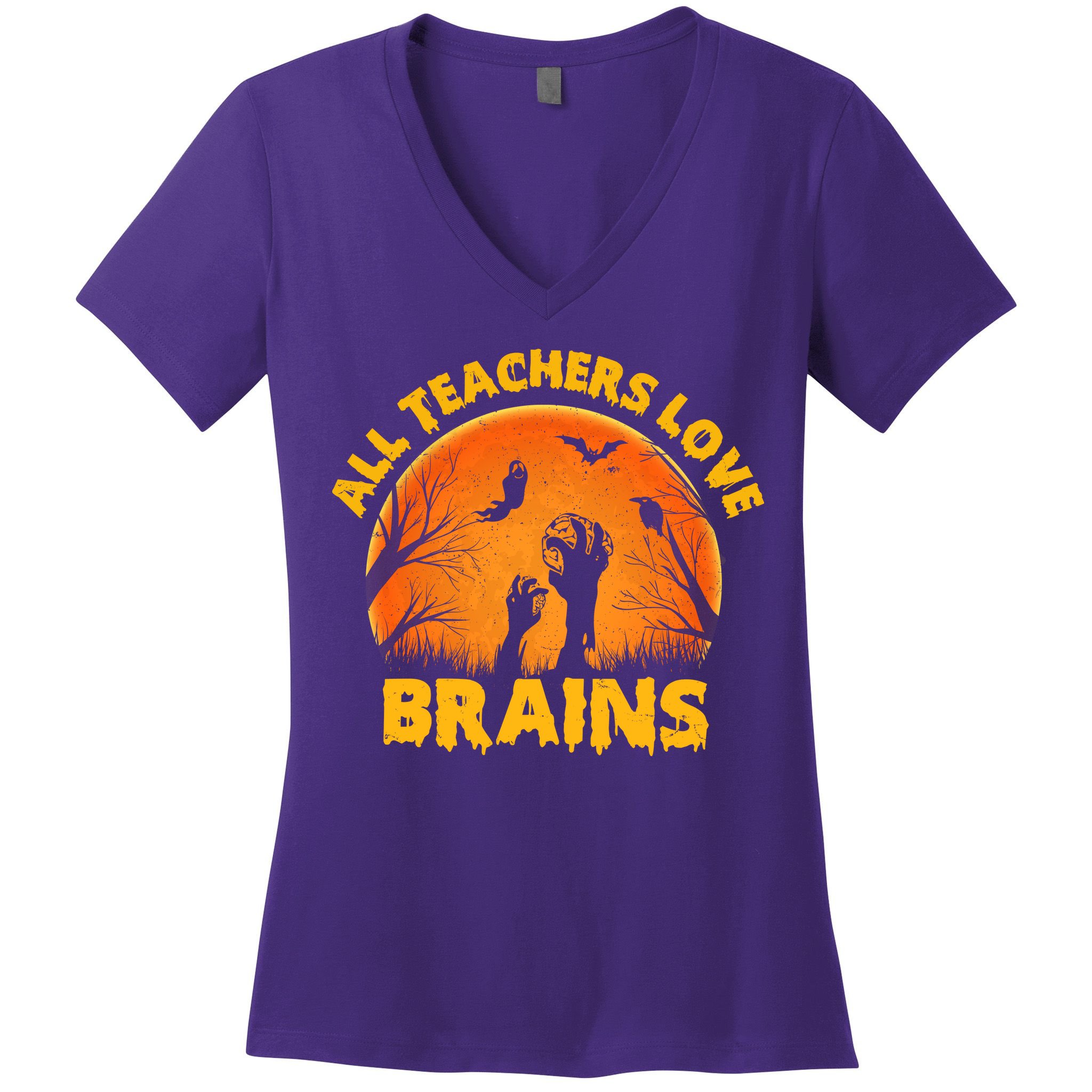 Funny Halloween Zombie All Teacher Love Brains Women's V-Neck T-Shirt
