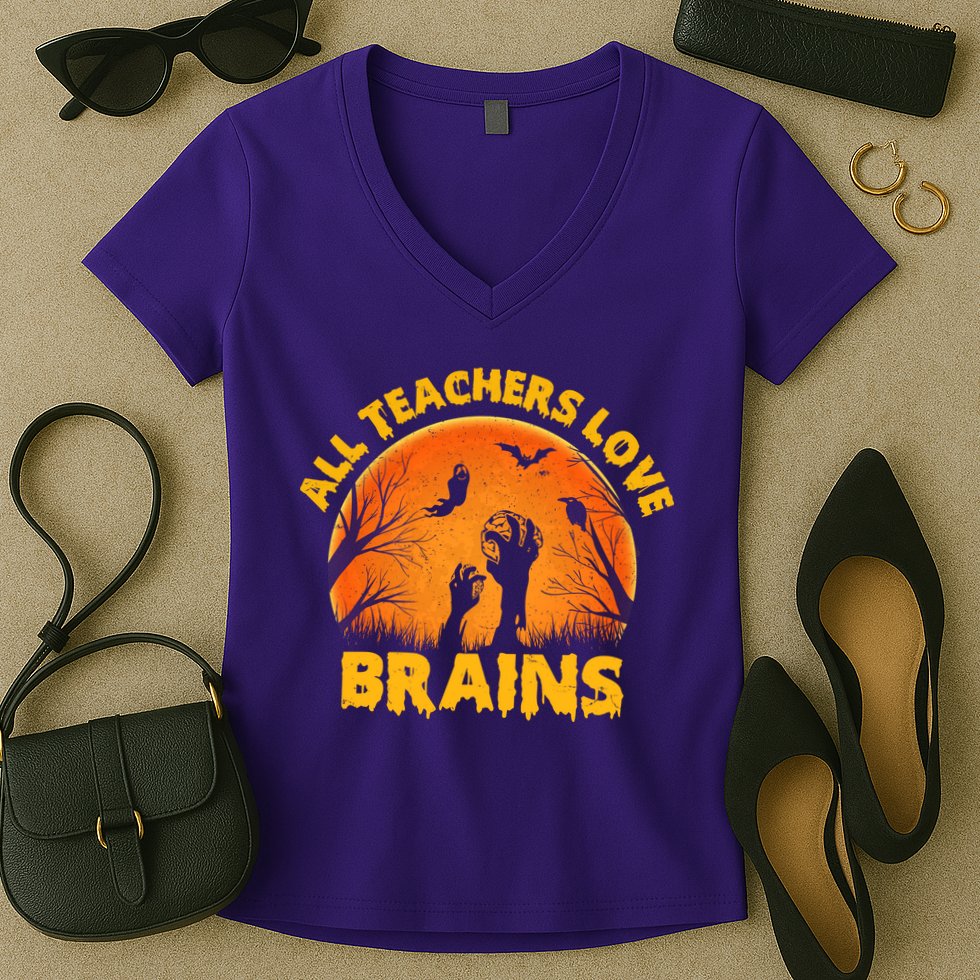 Funny Halloween Zombie All Teacher Love Brains Women's V-Neck T-Shirt