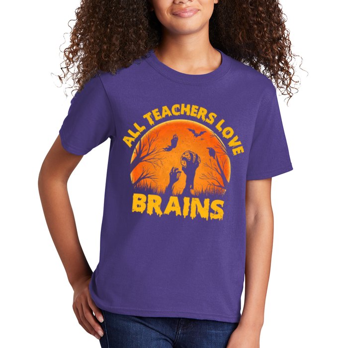 Funny Halloween Zombie All Teacher Love Brains Kids T-Shirt