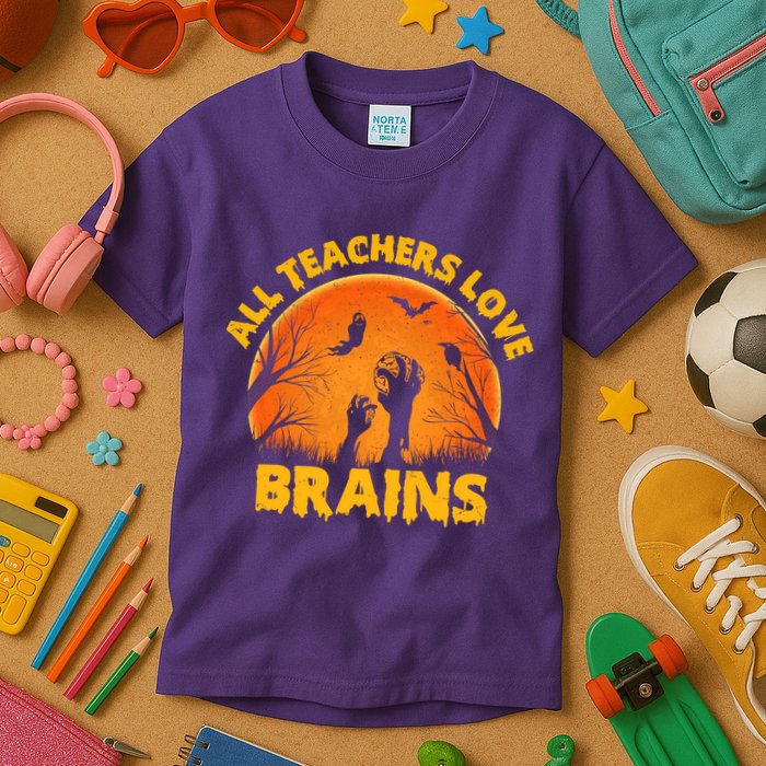 Funny Halloween Zombie All Teacher Love Brains Kids T-Shirt