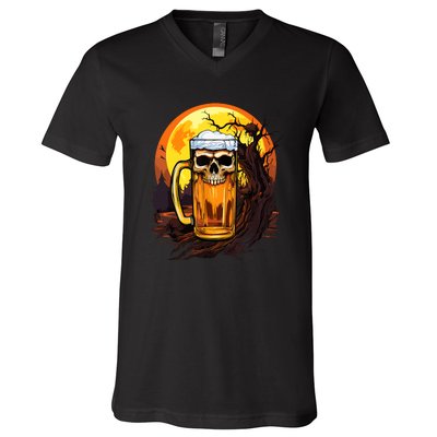 Funny Halloween Zombie Scary Beer Drinking Gift V-Neck T-Shirt