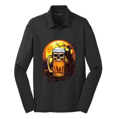 Funny Halloween Zombie Scary Beer Drinking Gift Silk Touch Performance Long Sleeve Polo