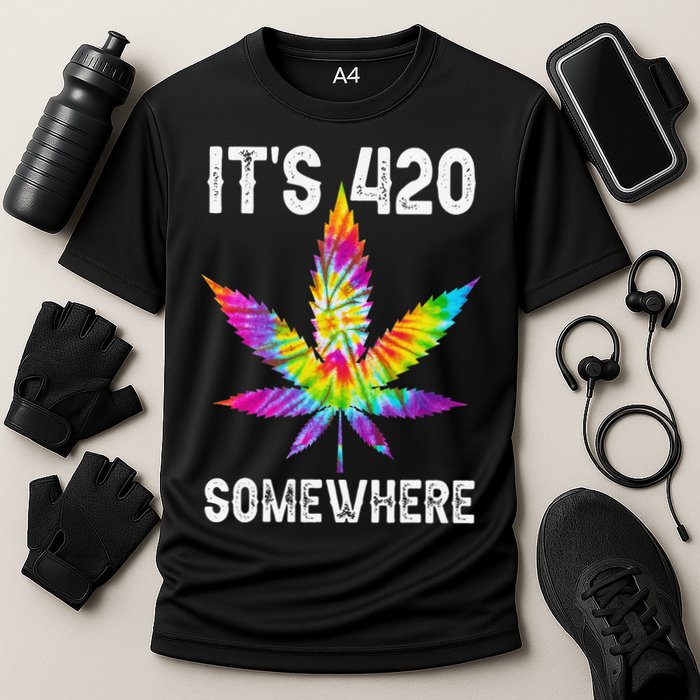 Funny It's 420 Somewhere Hippie Tie Dye Pot Leaf For Stoner Cooling Performance Crew T-Shirt