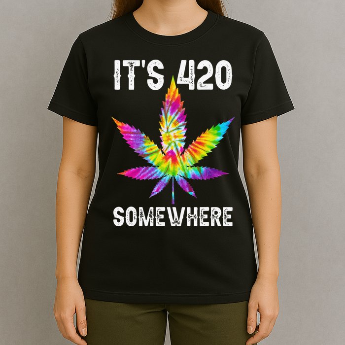 Funny It's 420 Somewhere Hippie Tie Dye Pot Leaf For Stoner T-Shirt
