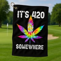 Funny It's 420 Somewhere Hippie Tie Dye Pot Leaf For Stoner Golf Towel