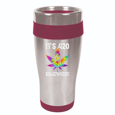 Funny It's 420 Somewhere Hippie Tie Dye Pot Leaf For Stoner 16oz Travel Tumbler
