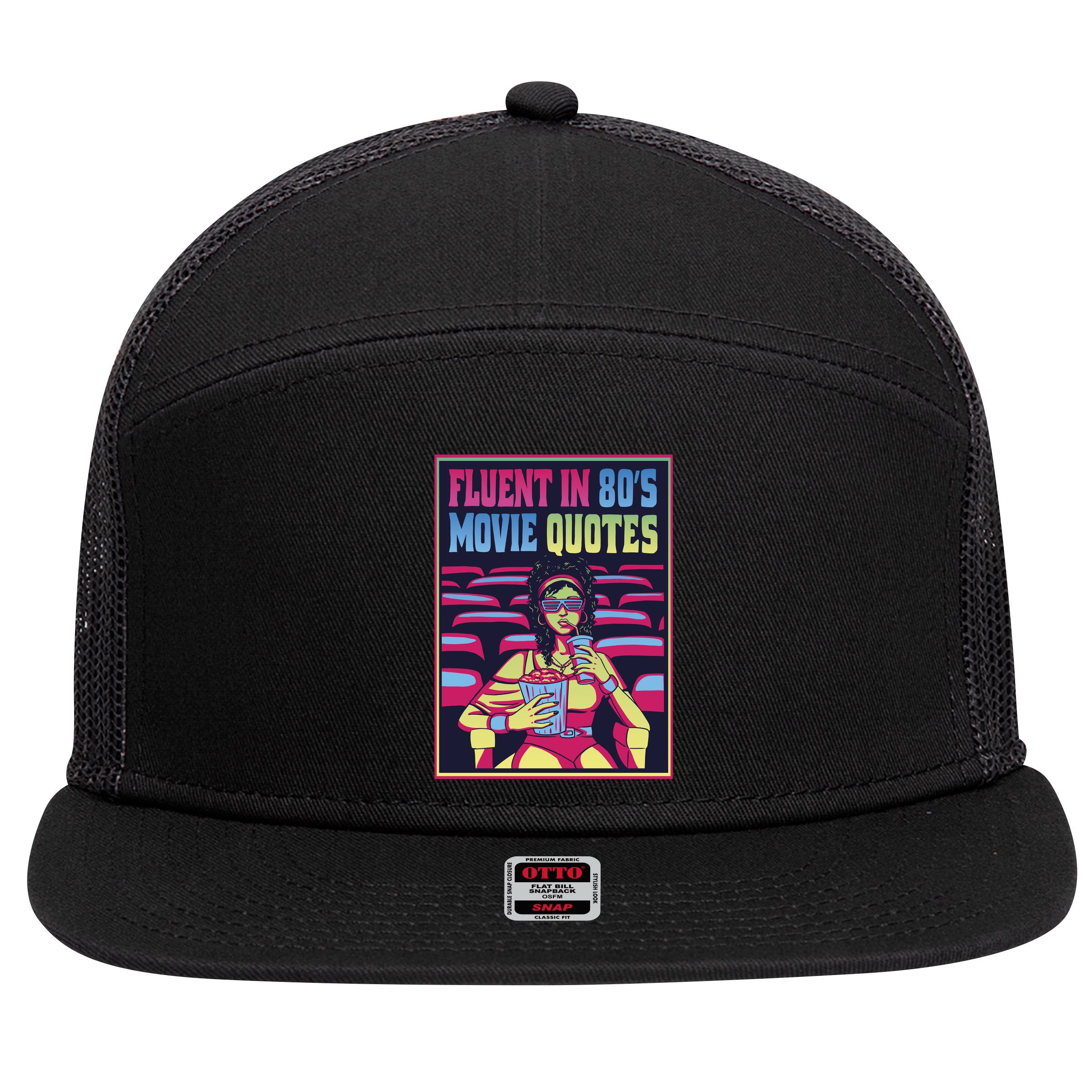 Fluent In 80s Movie Quotes Retro 7 Panel Mesh Trucker Snapback Hat