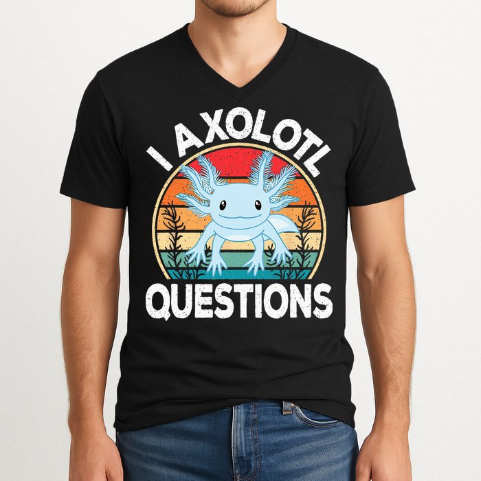 Funny I Axolotl Questions Cute Blue Axolotl Kawaii Retro V-Neck T-Shirt