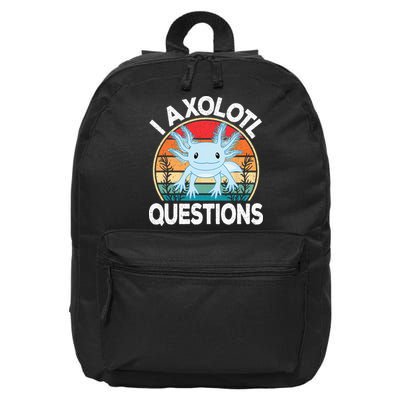 Funny I Axolotl Questions Cute Blue Axolotl Kawaii Retro 16 in Basic Backpack