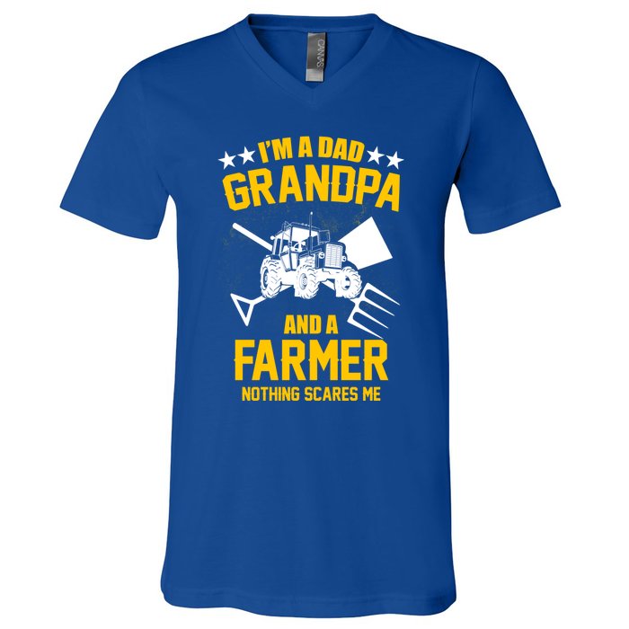 Farmer Im A Dad Grandpa And A Farmer Nothing Scares Me Meaningful Gift V-Neck T-Shirt