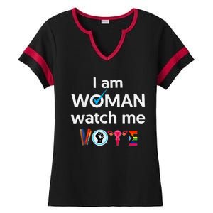 Funny I Am Woman Watch Me Vote Ladies Halftime Notch Neck Tee