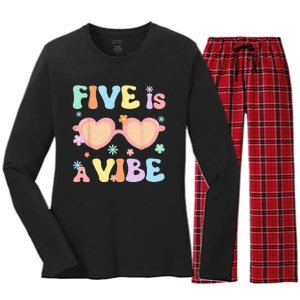 Five Is A Vibe 5 Year Old 5th Birthday Groovy Women's Long Sleeve Flannel Pajama Set 