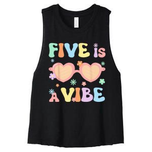 Five Is A Vibe 5 Year Old 5th Birthday Groovy Women's Racerback Cropped Tank