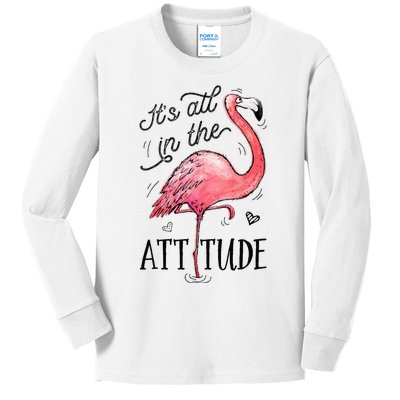 Flamingo Its All In The Attitude Funny Pink Bird Watercolor Kids Long Sleeve Shirt