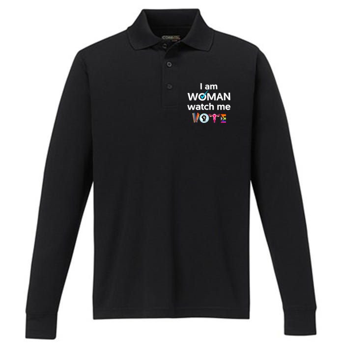 Funny I Am Woman Watch Me Vote Performance Long Sleeve Polo