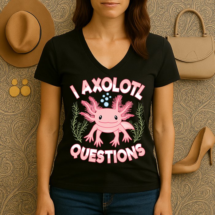 Funny I Axolotl Questions Cute Kawaii Pin.k Axolotl Women's V-Neck T-Shirt