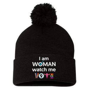 Funny I Am Woman Watch Me Vote Pom Pom 12in Knit Beanie