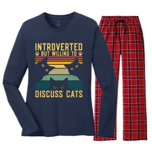 Funny Introverted But Willing To Discuss Cats Cat Owner Women's Long Sleeve Flannel Pajama Set 