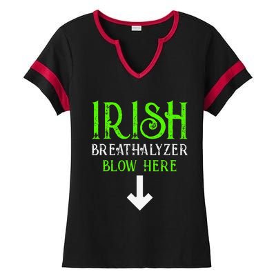 Funny Irish Breathalyzer Blow Here Saint Patricks Day Party Ladies Halftime Notch Neck Tee