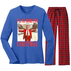 Funny ILl Be Home For Christmas Santa Trump Xmas 2024 Gift Women's Long Sleeve Flannel Pajama Set 