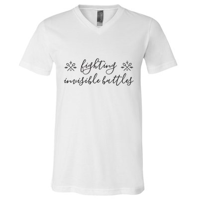 Fighting Invisible Battles Invisible Illness Awareness V-Neck T-Shirt