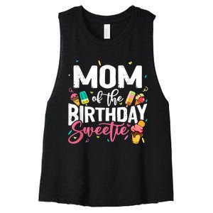 Funny Ice Cream Theme Party Mom Of The Birthday Sweetie Women's Racerback Cropped Tank